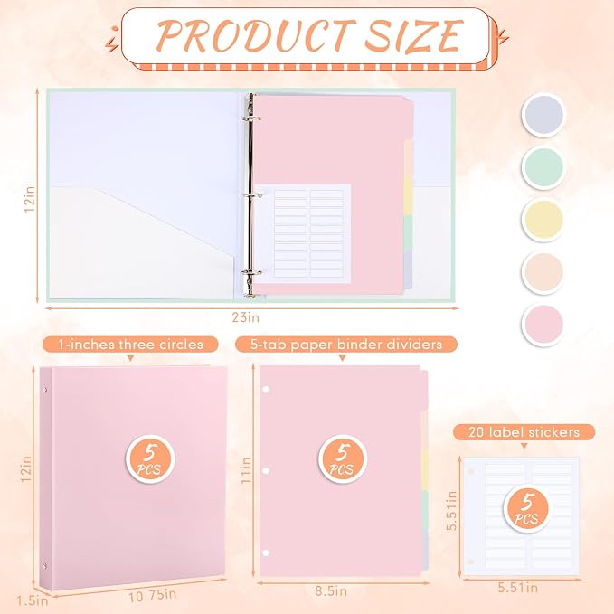 Ctosree 5 Sets 1 Inch Heavy Duty 3 Ring Binder with 2 Pockets with 5 Tab Dividers 8.5 x 11 Inch Plastic Film and File Folder Labels for Letter Size Paper Office Home Supplies (Cute Color)