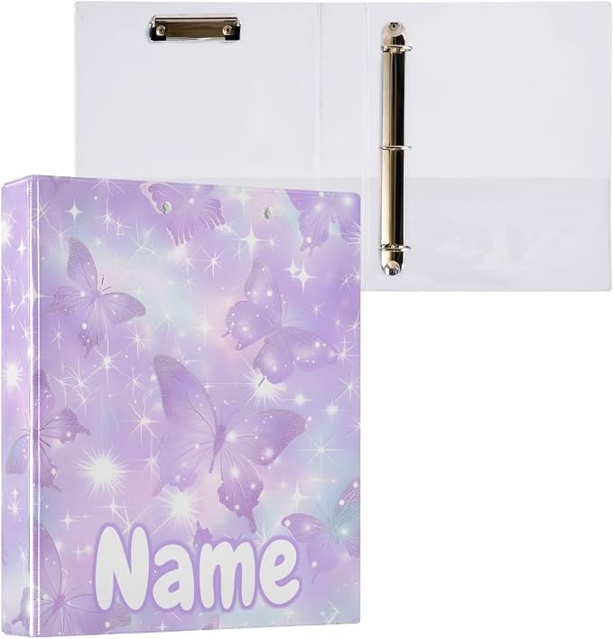 Custom 3 Ring Binder Stars and Butterflies 1.5" Round Ring Binders Personalized Name View Binder with 200 Sheet for Kids School Supplies Women Men Office, 1 Pack