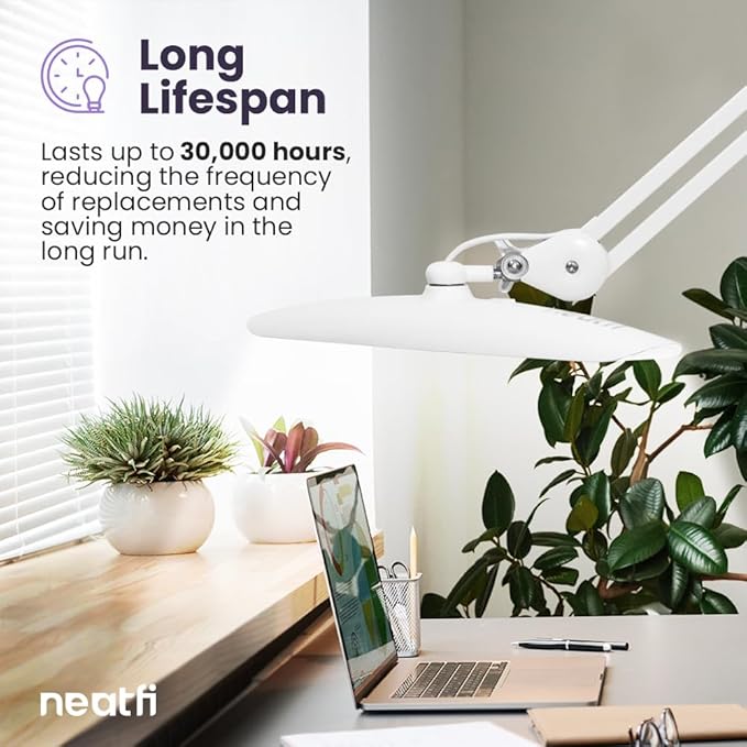 Neatfi XL 2,200 Lumens LED Task Lamp, 24W, 117 Pcs SMD LED, 4 Level Brightness, Dimmable, Desk Light for Home, Office, Workbench (Non-CCT with Base, White)