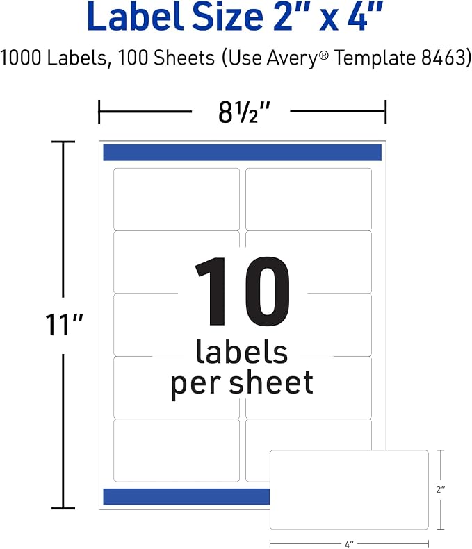 Avery Printable Shipping Labels, Sure Feed Technology, 2" x 4" Customizable Stickers, White, 1,000 Blank Mailing Labels, Great for Mailing, Shipping, and More (8463) (Pack of 5)