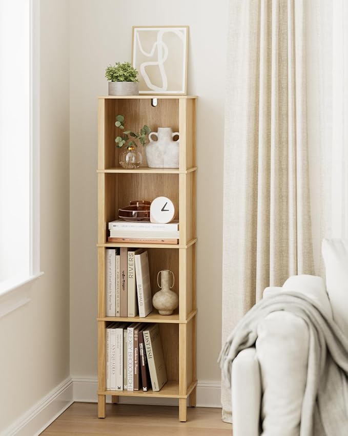 Book Shelf, Modern 4-Tier Bookcase, Open Storage Bookshelf, 11 × 14.2 × 50.4 Inches, Small Narrow Bookshelves for Living Room, Home Office, Bedroom, Natural