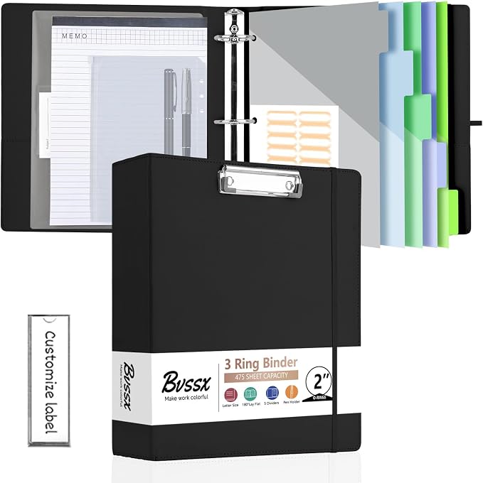 3 Ring Binder with Clipboard,2 Inch Binders with Notepad&5 Dividers with Pockets, Labels,PU Clipboards for School Office(Black,Letter Size)