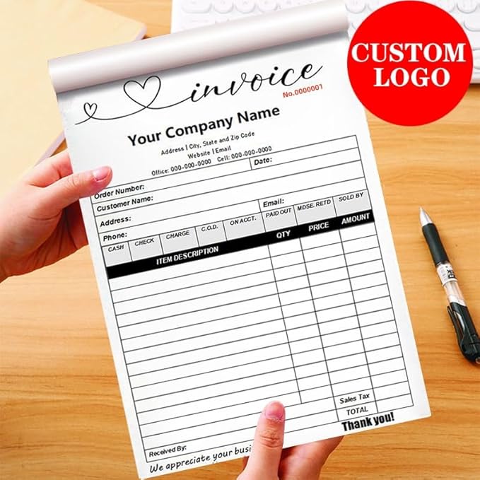 Personalized Invoice Book Custom 2 Part/3 Part Receipt Book Quote Estimate Order Forms Carbonless Form with Your Company Name Logo Address,2-10 Books (Style 19)