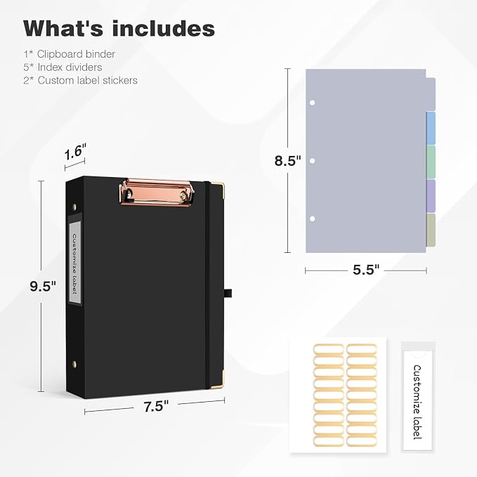 Ospelelf Mini 3 Ring Binder 1 Inch, Cute Binder for 5.5" x 8.5" with 5 Tab Dividers, File Folder Labels and Low Profile Clipboards, Black Binder for School Supplies and Office Supplies