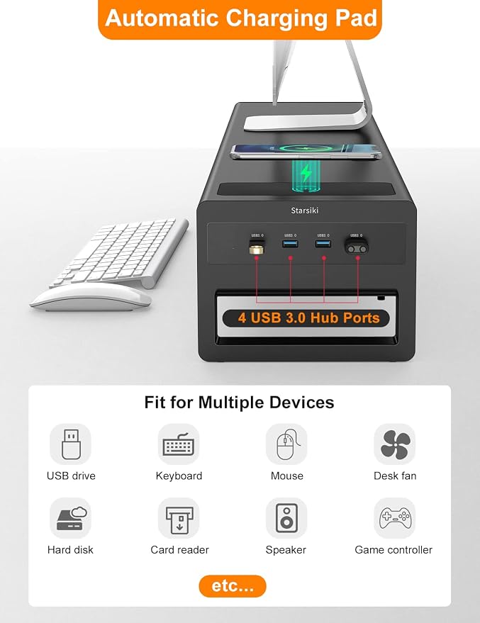 2 Tiers Dual Monitor Stand with Auto Charging Pad, 4 USB 3.0 Hub Ports, Double Monitor Riser, Metal Desk Stand with Storage, Long Screen Raiser for 2 Monitors/PC/Laptop/Computer Space Saver Organizer
