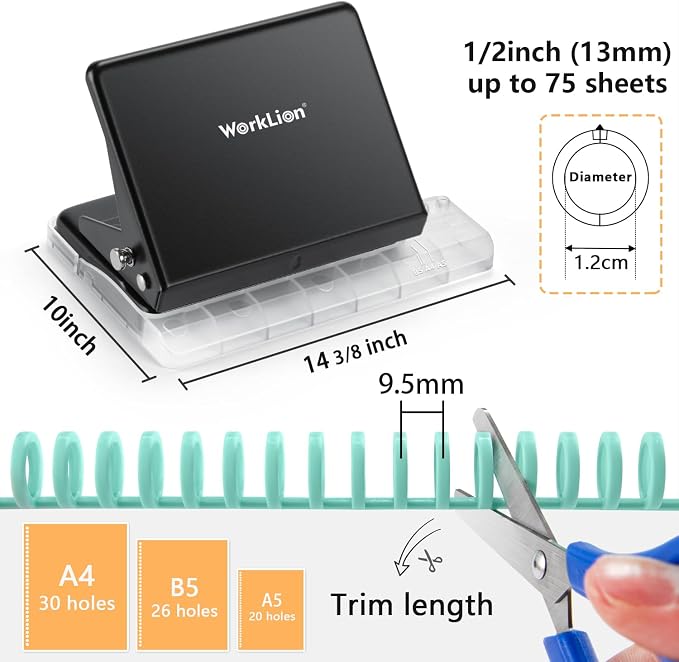 Binding Machine for Planner： WORKLION Metal 10 Hole Punch&Multi Color 30 Hole Loose Leaf Binder Rings(10 pcs) for Making 26 Holes on B5 Paper, 30 Holes on A4, 20 Holes on A5 Book, Black