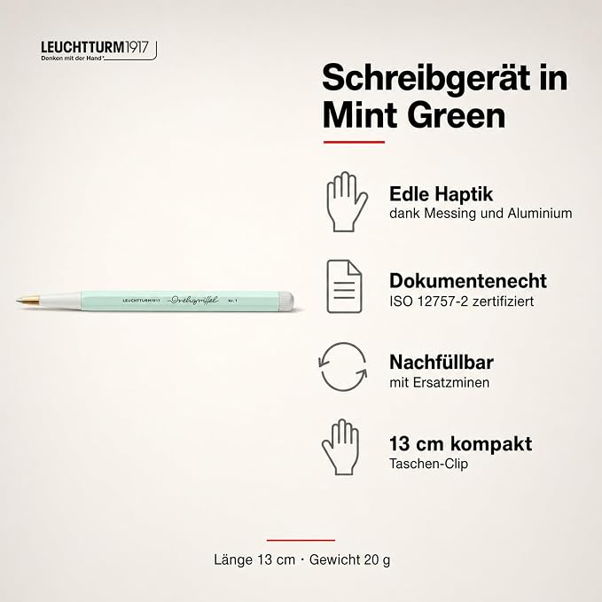LEUCHTTURM1917 - Drehgriffel Writing Pen (Mint Green) - Ballpoint Pen with Royal Blue Ink Included