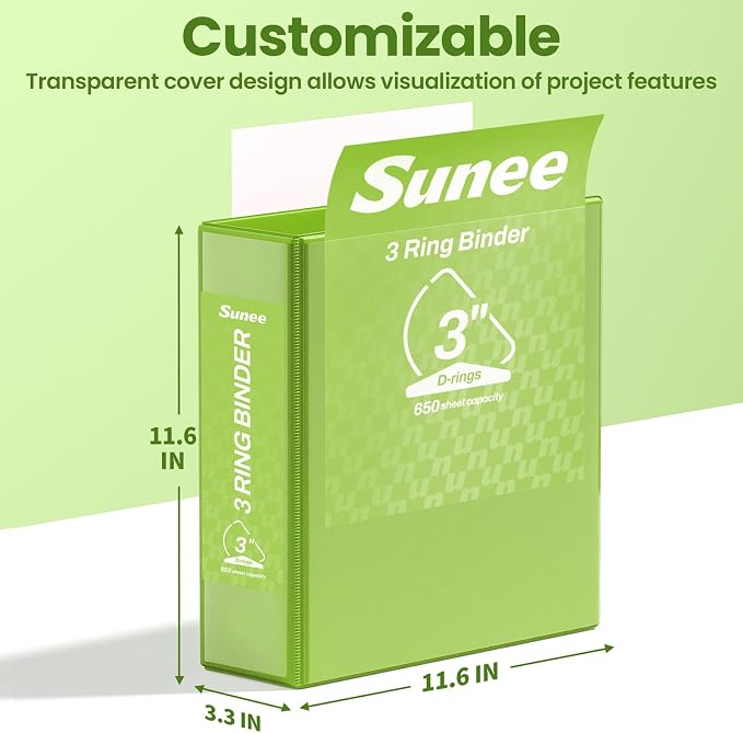 SUNEE 3 Ring Binder 3 Inch D Ring, Clear View Large Binder Three Ring PVC-Free (Fit 8.5x11 Inches) for School or Office Supplies, Tender Green, 1 Pack