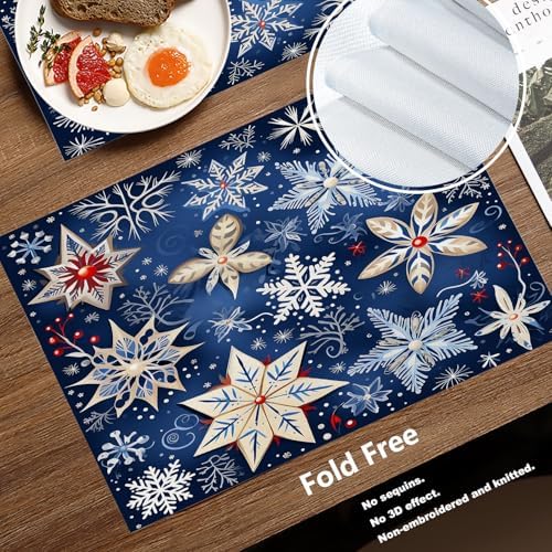 Batmerry Christmas New Year Linen Placemats Set of 4, Snow Red Fruit Blue Background Washable Table Mats for Kitchen Table Thickened Heat Insulation Dining Set Indoor Outdoor 12X18 in