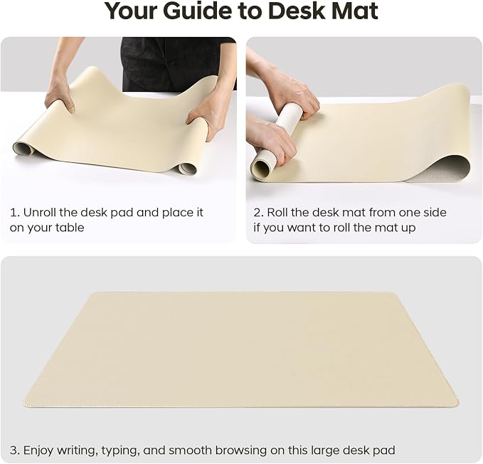 Leather Desk Pad Protector, Office Desk Mat, Large Mouse Pad, Non-Slip PU Leather Desk Blotter, Waterproof Computer Desk Writing Pad for Office and Home (Beige, 36" x 17")