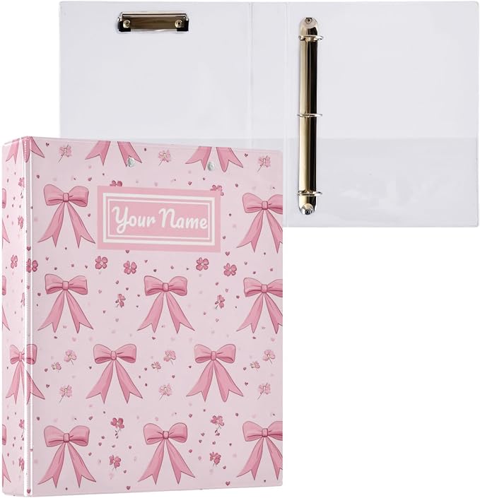 Custom Ribbon Bows Flowers Pink Personalized 3 Round Ring Binders | 1.5 Inch Binder with Clipboard, PVC Pockets, Work Organizer, Holds 200 Sheets for School Office 1 Pack