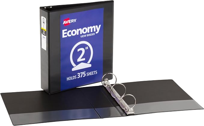 Avery Standard View 3 Ring Binders, 2" Round Rings, 375-Sheet Capacity, 2.8 Inch Wide Spine, Black Binders, Ideal for Lightweight Organization and Occasional Referencing (12-Pack of 05730)
