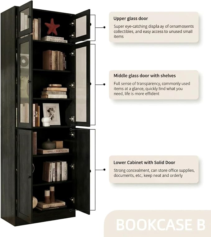 TUSY 85.5" Modern Tall Bookcase with Glass Doors, 7-Tier Wood Bookshelf with Storage for Home Office, Large Curio Cabinet for Living Room, Office, Bedroom, Family Room (Black, B)