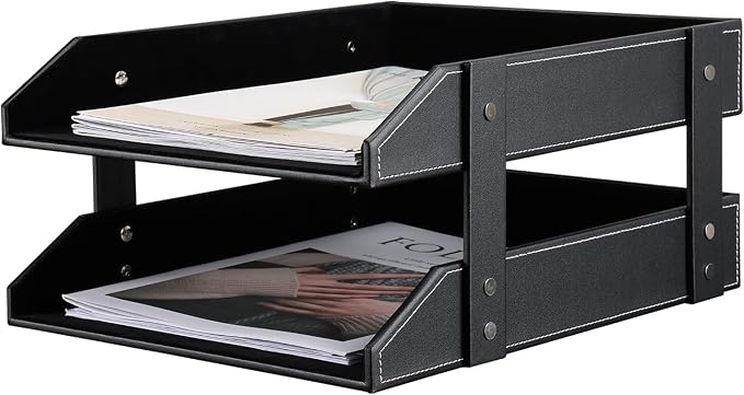 Letter Tray, Leather Paper Organizer Tray, Wooden Desk File Holder, Desktop File, Stackable Magazine Holder, Mail Sorter, Great for Home or Office - 2 Level Black