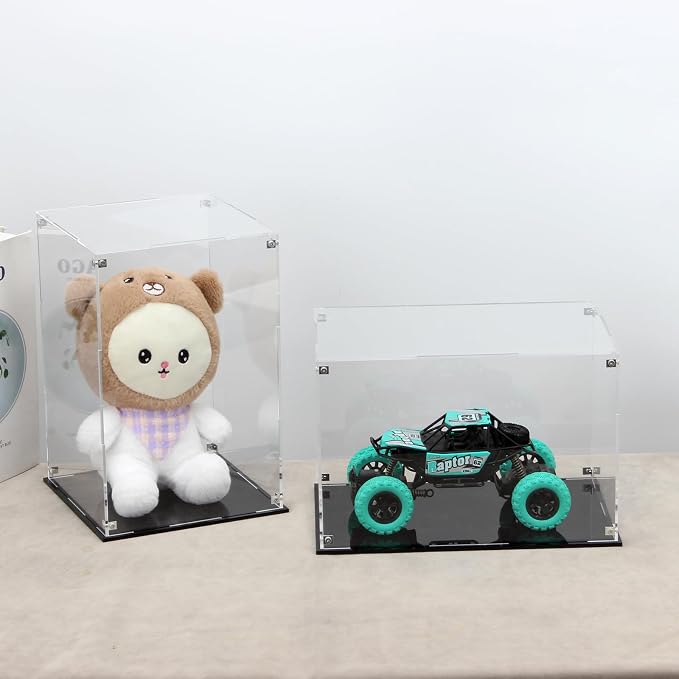 8x8x12In Self Assemble Acrylic Display Case with Black Base | Clear Acrylic Box Countertop Box Glass Case for Collectibles, Rectangle Box with Black Stand for Display Dolls Models Figure