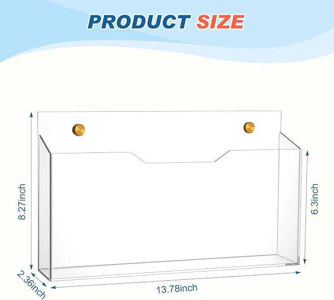Feifeiya 1 Pack 14"x8.3"x2.4" Clear Acrylic Wall File Holder Organizer Wall Mount Magazine Document Brochure Mail Pocket Durable File Storage with 3 Colors Screw Cap for Office Home Waiting Room Use