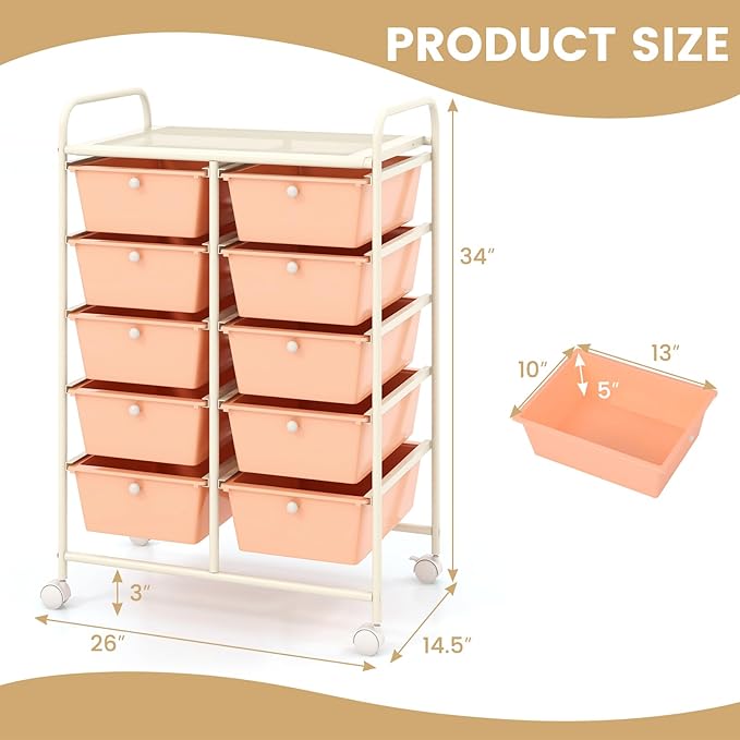 GOFLAME 10-Drawer Rolling Storage Cart, Art Craft Storage Organizer on Wheels, Multipurpose Movable Utility Cart for School, Office and Home, Peach Fuzz