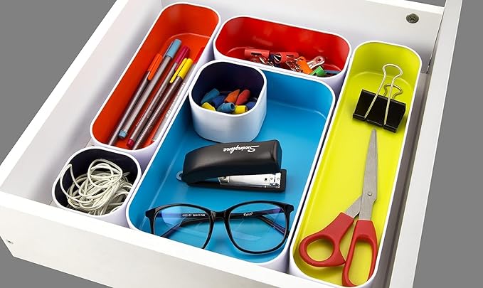 Three by Three Seattle Metal Drawer Organizer Tray Set, 5-Pc, 2" (Assorted) | Deep 2" food-safe metal bins; soft non-scratch base; perfect for kitchen utensils, tools & bulkier drawer items