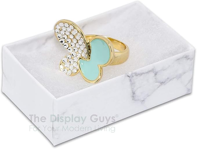 TheDisplayGuys 100 Cardboard Jewelry Gift Boxes with Inserts - Marble White | Size #21 - 2.6" x 1.6" x 1.0", Lids, Cotton Filled Padding, Kraft Paper, Bulk Pack Case, for Shipping, Organizers, Storage