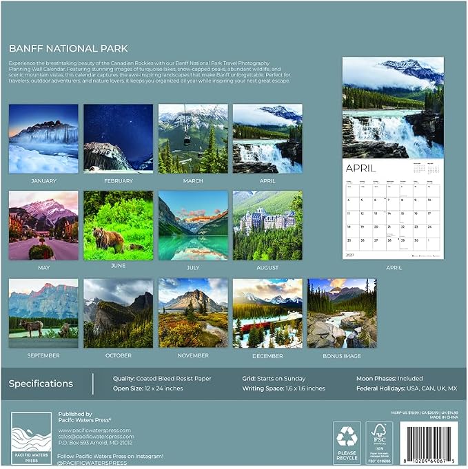 Banff National Park 2027 Wall Calendar, 12 x 24 Hanging Pacific Waters Press