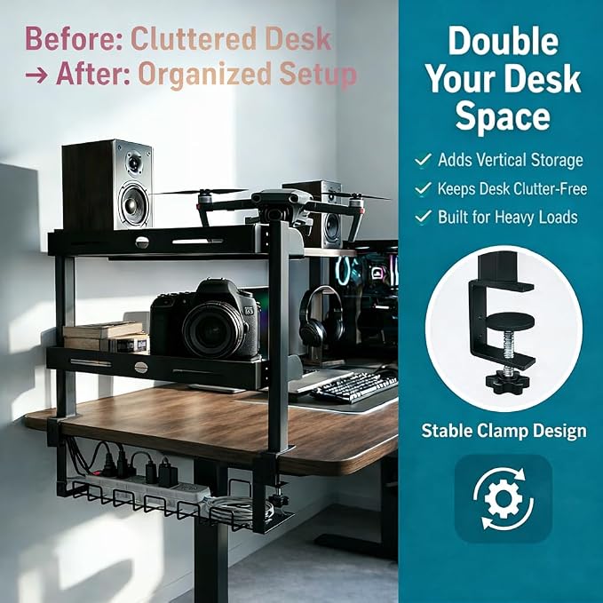 Clamp On Desk Shelves Organizer, Adjustable 2-Tier Desk Storage Rack with Large Trays, Phone Stand & Headphone Hook, No-Drill Setup for Office & Gaming Desks