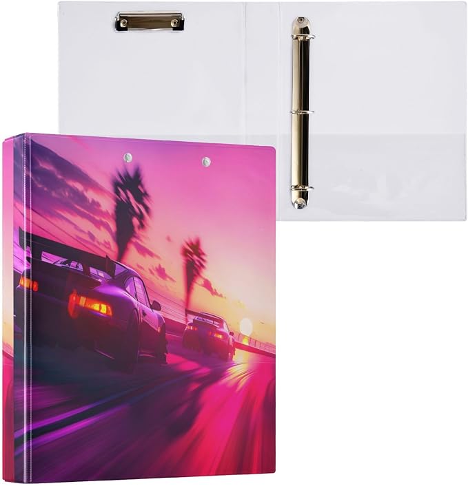 3 Ring Binder Sport Cars Racing Down Highway 1.5" Round Ring Binders View Binder with 200 Sheet for Women Men Office Kids School Supplies, 1 Pack