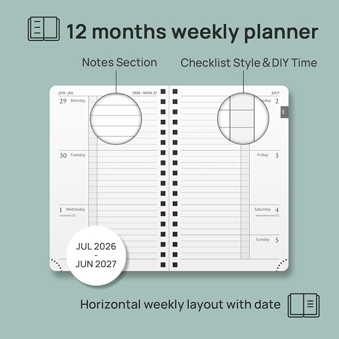 POPRUN 2026-2027 Small Weekly Planner, 4" x 6.25" Pocket Calendar for Purse