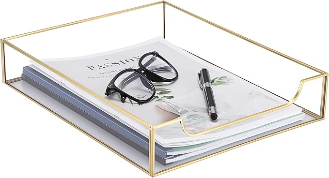BTSKY 1 Pack Golden Glass Desk Tray, Multi-Purpose Organizer for A4 Paper, Documents, Desk Supplies, Makeup, Clear File Tray with Metal Frame, Stackable Decorative Storage for Home Office Vanity
