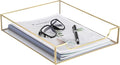 BTSKY 1 Pack Golden Glass Desk Tray, Multi-Purpose Organizer for A4 Paper, Documents, Desk Supplies, Makeup, Clear File Tray with Metal Frame, Stackable Decorative Storage for Home Office Vanity