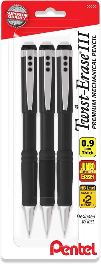 Pentel Mechanical Pencil 0.9 mm Twist Erase III, Twist Up Eraser, Pre-Loaded Super Hi-Polymer HB Lead, Black Barrel, 3-Pack
