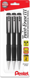Pentel Mechanical Pencil 0.9 mm Twist Erase III, Twist Up Eraser, Pre-Loaded Super Hi-Polymer HB Lead, Black Barrel, 3-Pack