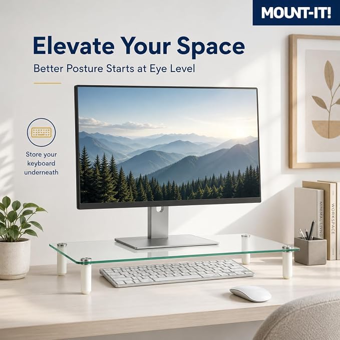 Mount-It! Glass Desktop Monitor Stand Riser, 22", 44 lbs | Raised laptop stand and organizer, clear tempered glass, supports computer screens and office desk supplies.