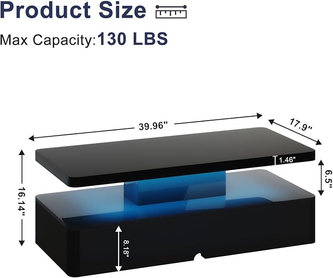 MXV Modern Coffee Table, 40 Inches Coffee Tables with 16 Colors LED Lights, 2 Tier Rectangular Center Table, Large Storage Space, High Glossy Wooden Tea Table for Living Room, Bedroom, Office, Black