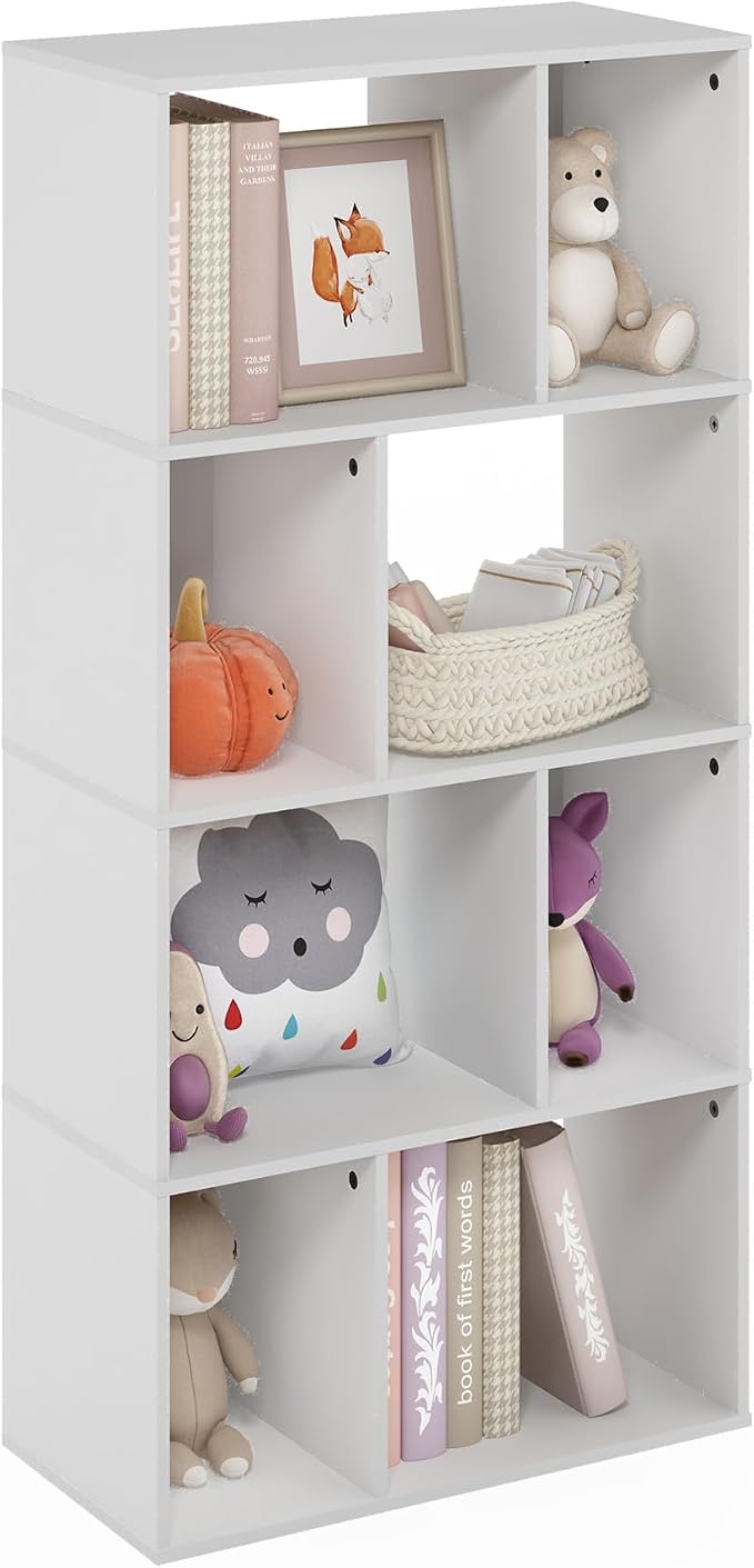 Furinno DALY Book Shelf, 8-Cube Bookshelf, Cube Storage Organizer Bookcase with Irregular Compartments, 11.7 x 23.6 x 49, for Living Room, Bedroom, Home Office, White