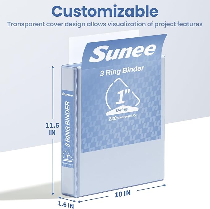 SUNEE 3 Ring Binder 1 Inch D Ring, Clear View Binder Three Ring PVC-Free (Fit 8.5x11 Inches) for School or Office Supplies, Haze Blue, 1 Pack