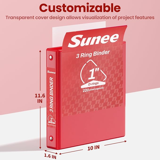 SUNEE 3 Ring Binder 1 Inch D Ring, Clear View Binder Three Ring PVC-Free (Fit 8.5x11 Inches) for School or Office Supplies, Dark Red, 1 Pack