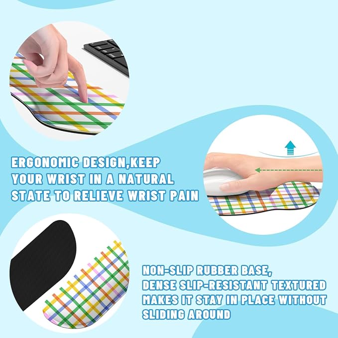 Plaid Mouse Pad Set Colorful Rainbow Checkered Seamless Gaming Mousepad 4in1 Desk Mat for Desktop Anti-Slip XXL Big Computer Ergonomic Mousepad with Wrist Support for Keyboard and Mouse