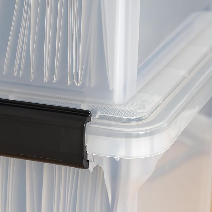 IRIS USA WeatherPro File Box Organizer, Letter/Legal, 32 Qt. 4-Pack, Clear | Organize important documents with water-resistant protection, secure latches, and stackable design for home or office storage