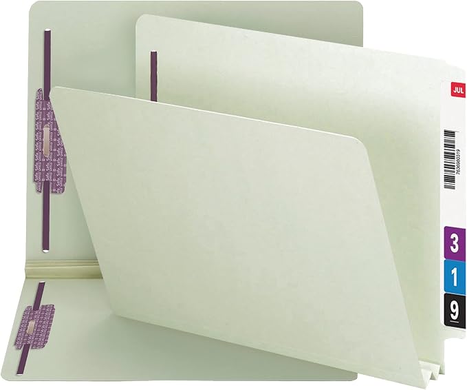 Smead End Tab Pressboard Fastener File Folder with SafeSHIELD, 2 Fasteners, 2" Expansion, Letter Size, Gray, Green, 25 Count, 34715