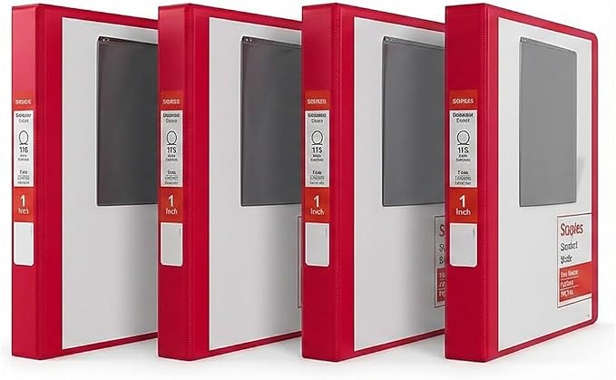 Staples 1" 3-Ring View Binders, D-Ring, Red, 4/Pack