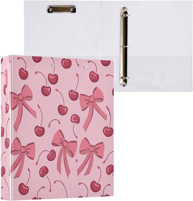 Caikeny 3 Ring Binder Pink Bow Cherry Red 1.5 Inch Binders Round Ring Clipboard with 2 Pockets for Office Supplies