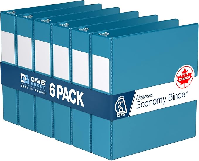 Premium Economy 3-Ring Binder, Spine Label, 2" D Rings, 6 Pack | Heavy-duty binder, fits 8.5" x 11" paper, turquoise, customizable spine, made in Canada, ideal for school or office use