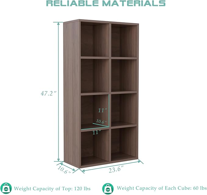 8-Cube Storage Shelf Bookcase, Walnut | Wooden 4-Tier Open Bookshelf, Fits 11×11" Bins, Vertical or Horizontal Use, Full Back Panels, For Home Office