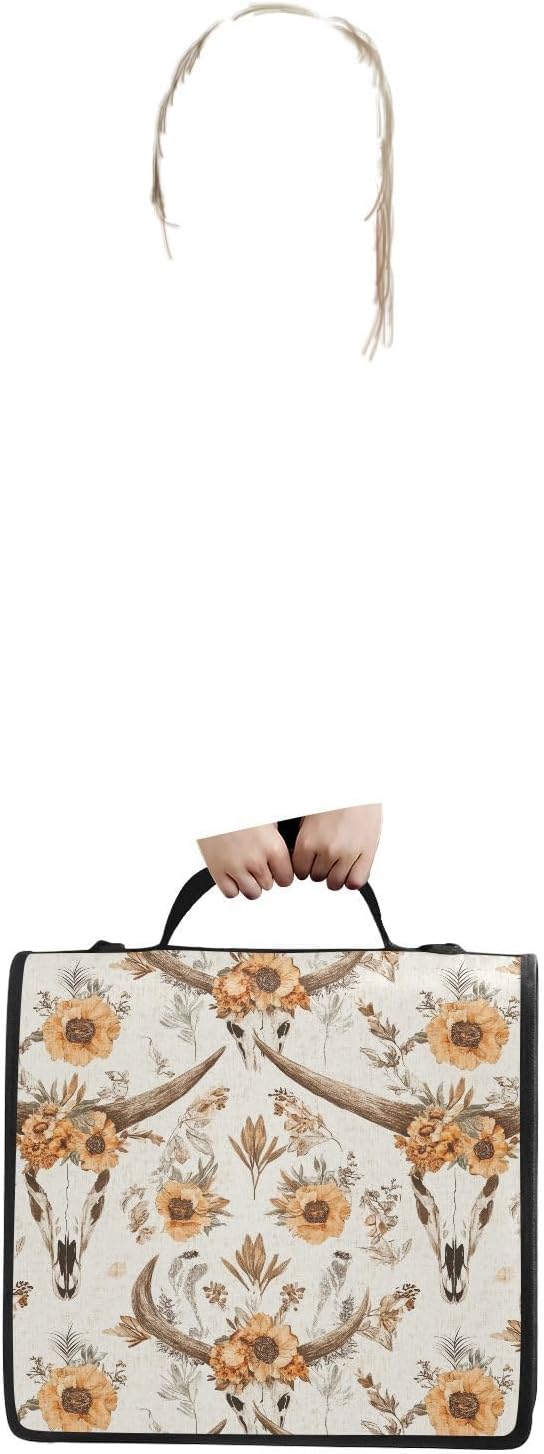 Western Boho Cow Skull Flower Zipper Binder with Shoulder Strap Bag 3 Ring Binder Organizer Large Capacity Multiple Compartments for School Office