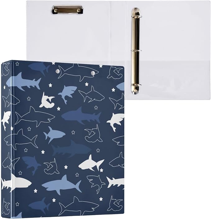 3 Ring Binder Shark Cartoon 1.5 Inch Three Ring Binder | Cute Binder with 3 Storage Pockets for Women School Office Supplies