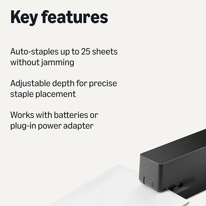 Amazon Basics Electric Automatic Stapler for Desk, 25 Sheet Capacity, No Jam Technology, Adjustable Staple Placement, Battery or AC Powered, Black