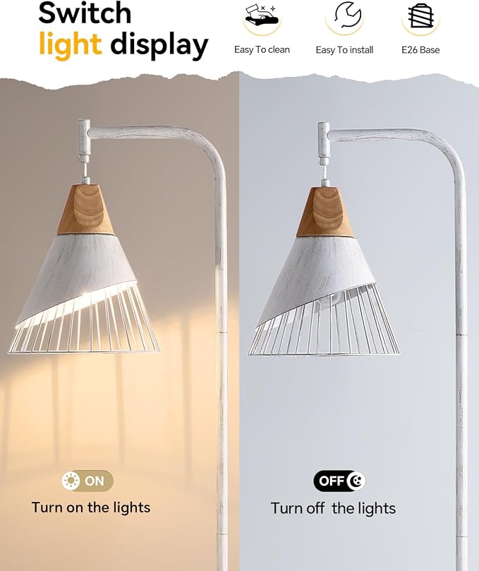 67" Industrial Floor Lamp with Wood & Black Metal Shade, Modern Standing Lamp, Rustic Farmhouse Tall Lamp for Living Room Bedroom Office, 2700K Bulb & Foot Switch Included (Gold+ White)