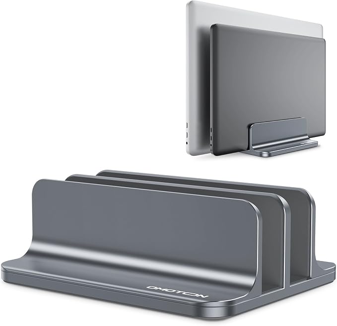 OMOTON Dual Vertical Desk Laptop Stand Holder, Fits MacBook Air/Pro, Grey | Aluminum Laptop Storage Rack for Desk, Adjustable Dock for Up to 17.3 in. Gaming Laptop, Space-Saving Desk Organizer