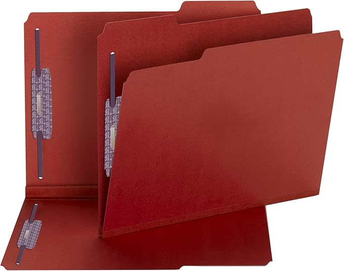 Smead Pressboard Fastener File Folder with SafeSHIELD Fasteners, 2 Fasteners, 1/3-Cut Tab, 2" Expansion, Letter Size, Bright Red, 25 per Box (14936)