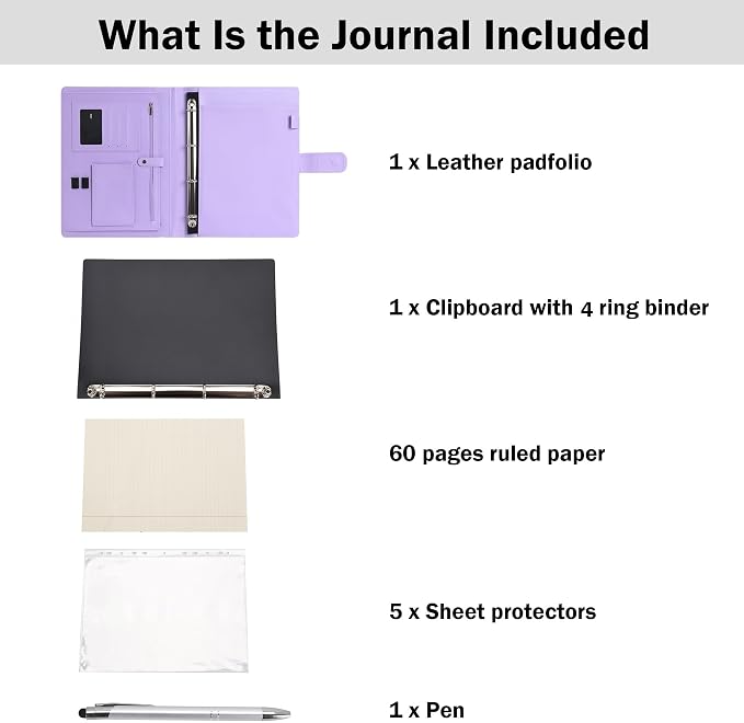 Wonderpool A4 PU Leather 3 & 4 Ring Holder Writing Portfolio Multi Document Case with Removable Binder Clipboard and Functional Pocket for Organizer Office Travel School (Purple)